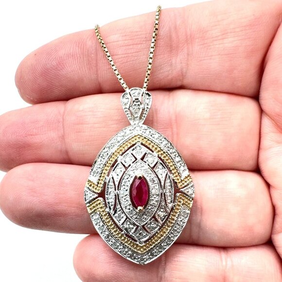 Womens Necklace 10K Yellow White Gold Diamond Ruby 1.5 Pendant 22 Inch 8.6 Grams - Picture 1 of 5